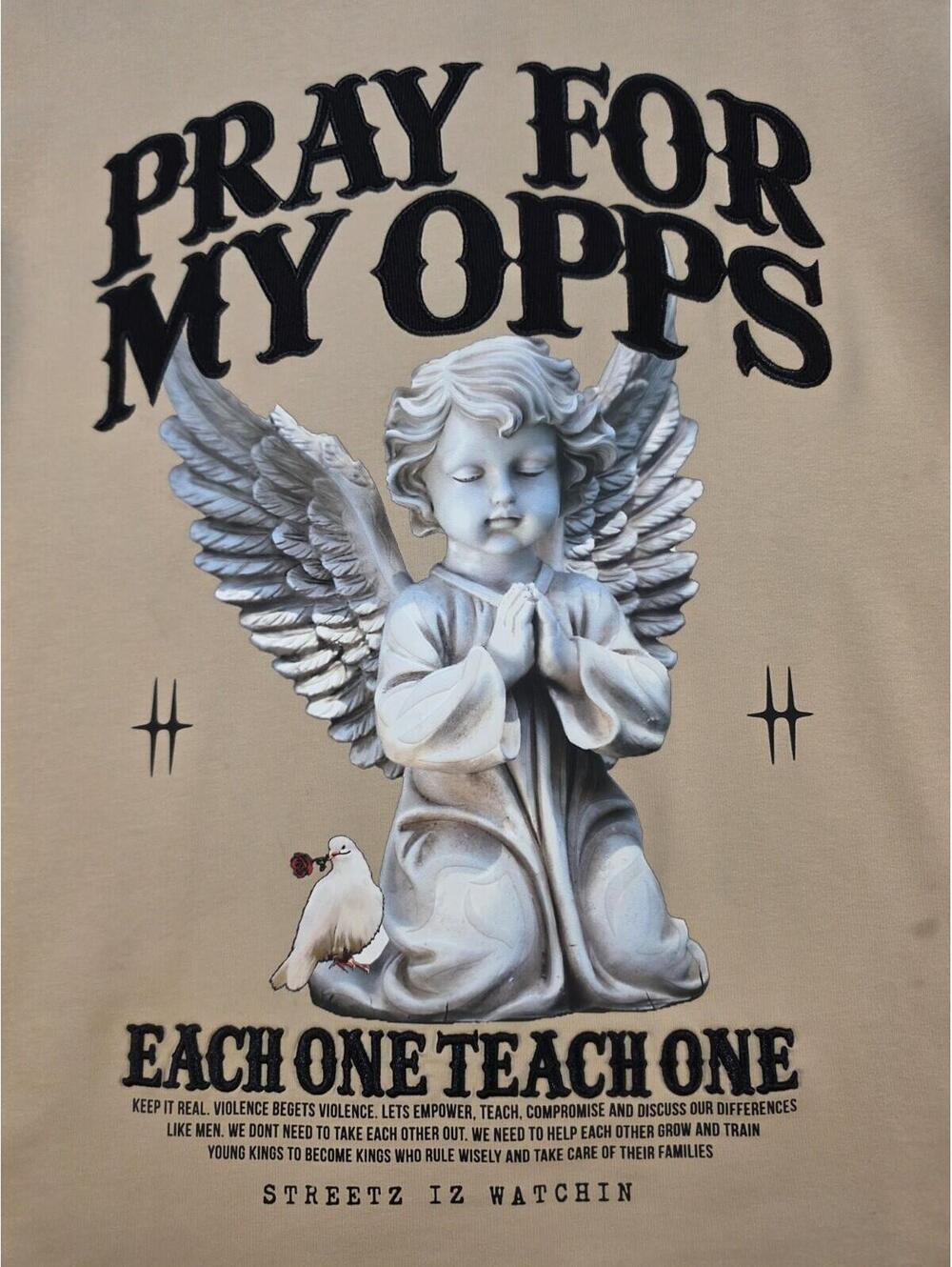 Streetz Iz Watchin Pray For My Opps Beige Graphic Men's Crew Neck T-Shirt L